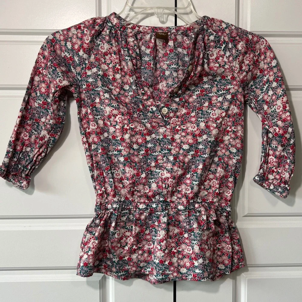 Tea Collection Floral Print Top Blouse Button 3/4 Sleeve Summer Girls Size 6‎